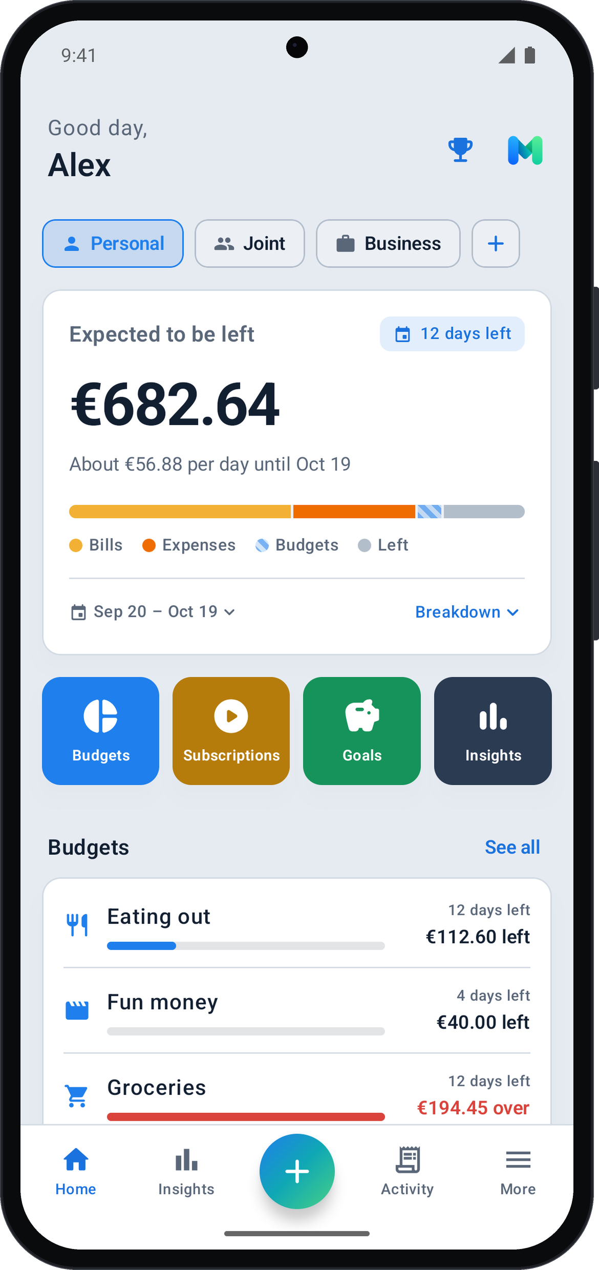 Munty home screen with safe to spend